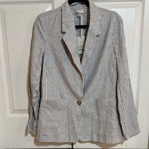 A New Day Striped Linen-Blend Blazer - White & Navy NWT